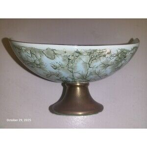 VTG  Delftware Aqua Turquoise Gold Veined Ceramic & Brass Pedestal Dish Candy